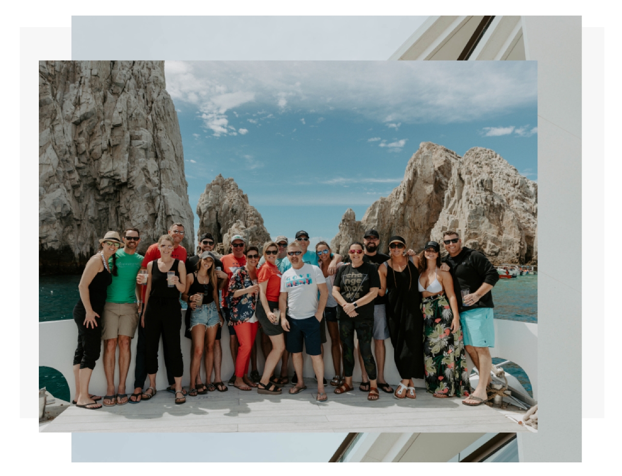 Group picture at the bow of a large boat