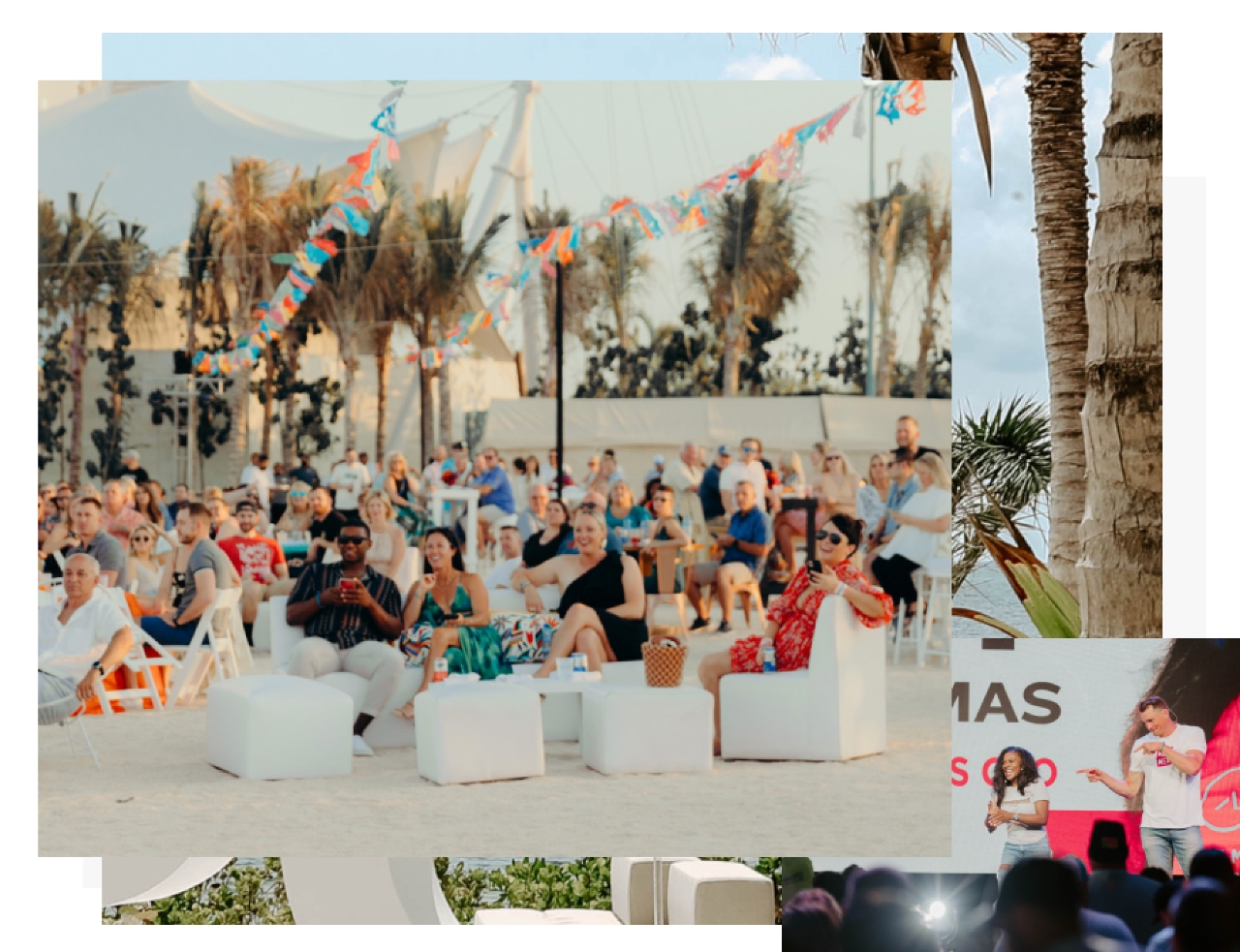 Large group of people, seated, at the beach